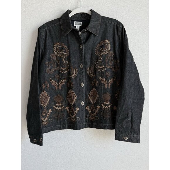 Chico's Black Denim Jacket Embroidered Beaded Boho Western Vintage Size Large - Picture 7 of 11